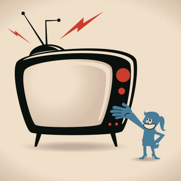 Businesswoman (host, woman, girl) showing TV Shows Blue Little Guy Characters Full Length Vector art illustration.Copy Space. game show host stock illustrations