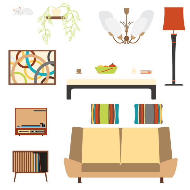 ilustrações, clipart, desenhos animados e ícones de conjunto de objetos de interiores sala de estar com sofá e jogador no estilo dos anos 70. - domestic cat indoors domestic life image