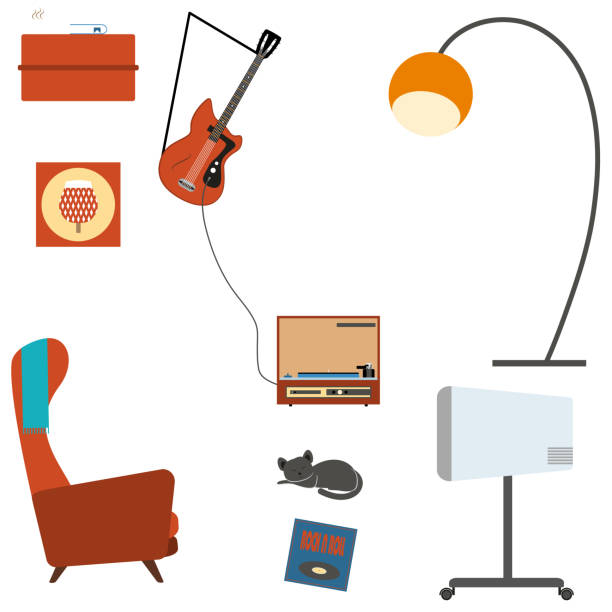 ilustrações, clipart, desenhos animados e ícones de conjunto de objetos de interiores sala de estar com a guitarra de poltrona, tv, no estilo dos anos 70. - domestic cat indoors domestic life image