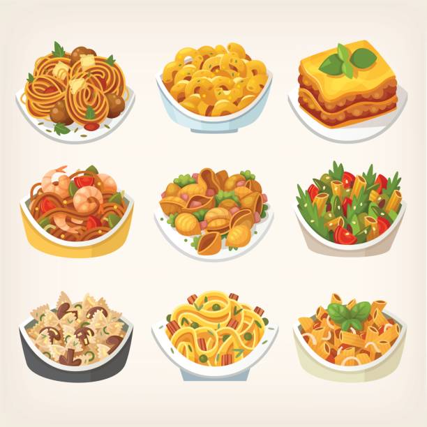 illustrazioni stock, clip art, cartoni animati e icone di tendenza di tipi di primi piatti - ragù