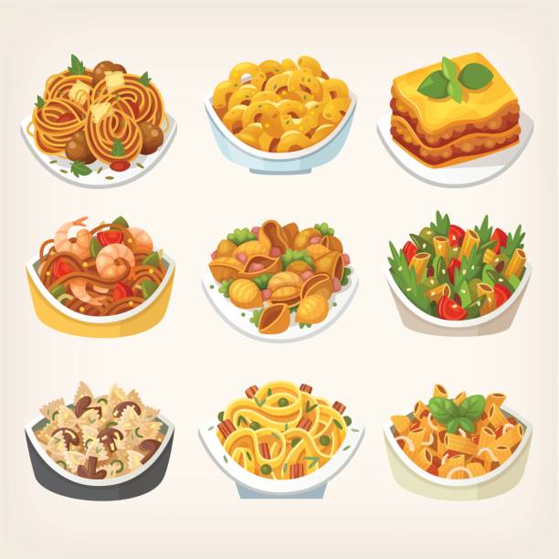 Kinds of pasta dishes Set of many kinds of tasty colorful pasta dishes cooked with different sauces. Variety of pasta meals. Isolated vector illustrations. penne meatballs stock illustrations