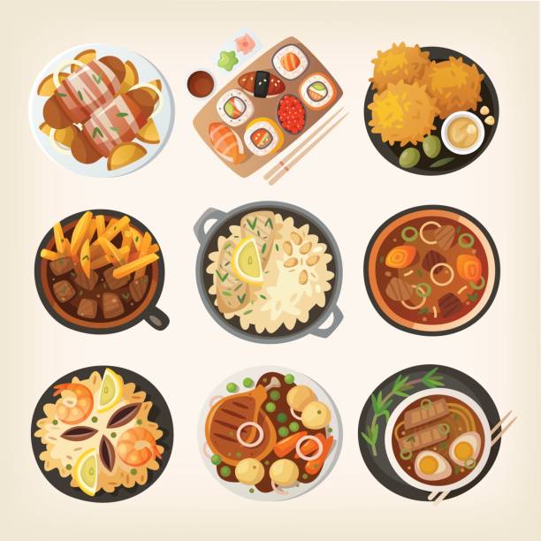 ilustrações de stock, clip art, desenhos animados e ícones de world dinners from top 2 - costeleta comida ilustrações