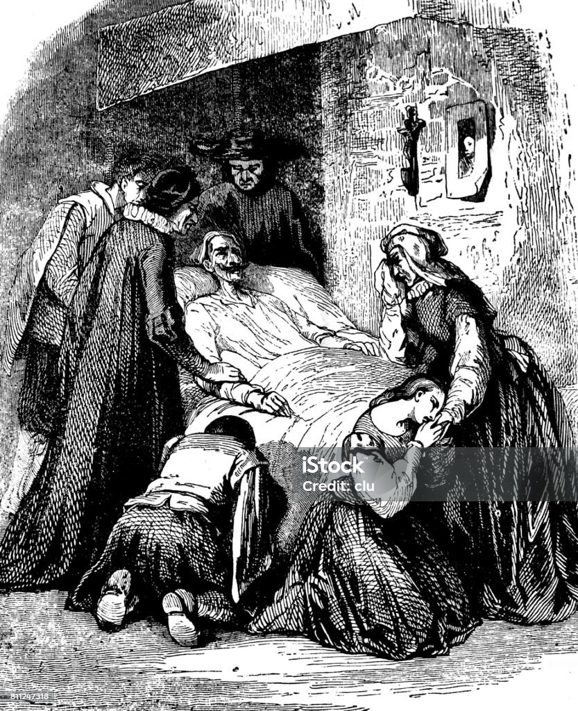 Dying sick man lies in the bed surrounded by his family Illustration from 19th century Don Quixote stock illustration