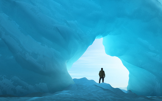 Young man under an ice arch. This is a 3d render illustration