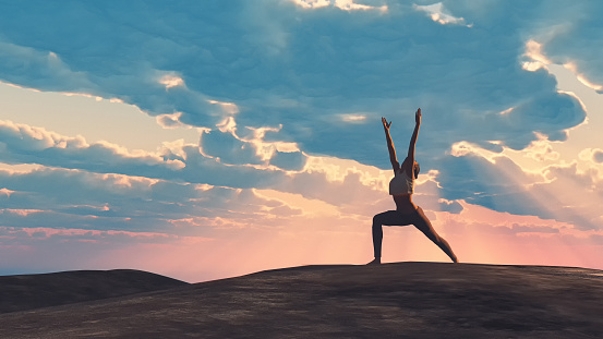 The young woman doing yoga at the top of the hill. This is a 3d render illustration