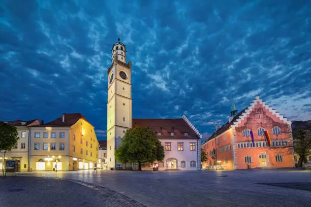 Historical landmarks of Ravensburg: Blaserturm (trumpeter's tower), Waaghaus (weighing house) and Town hall (Rathaus) loacated on Marienplatz square