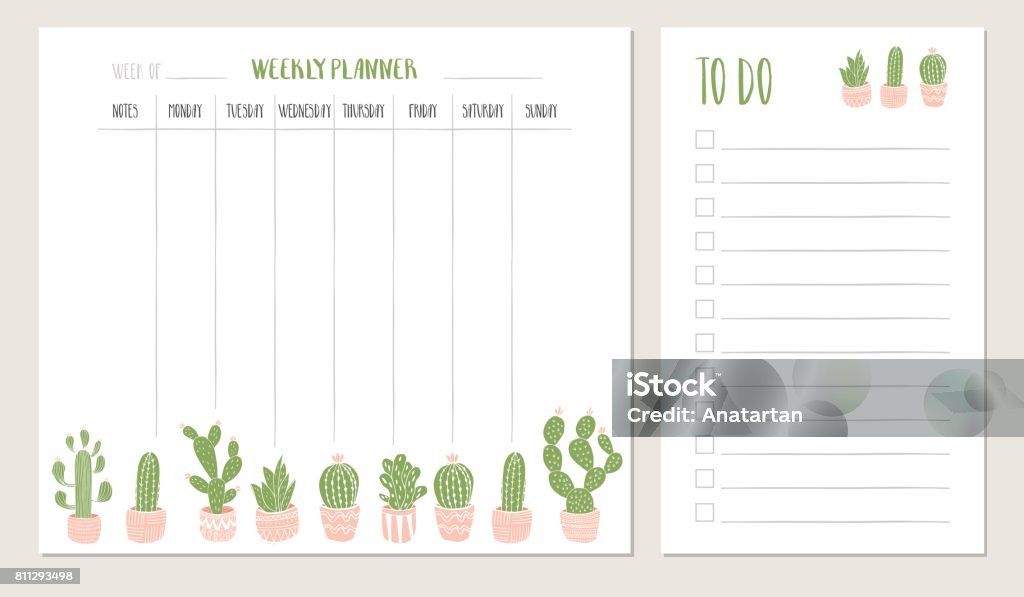 Wochenplaner und to do-Liste mit Kaktus Illustration. Vektor. - Lizenzfrei Aufgabenliste Vektorgrafik