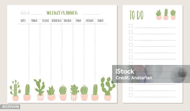 Wochenplaner Und To Doliste Mit Kaktus Illustration Vektor Stock Vektor Art und mehr Bilder von Aufgabenliste