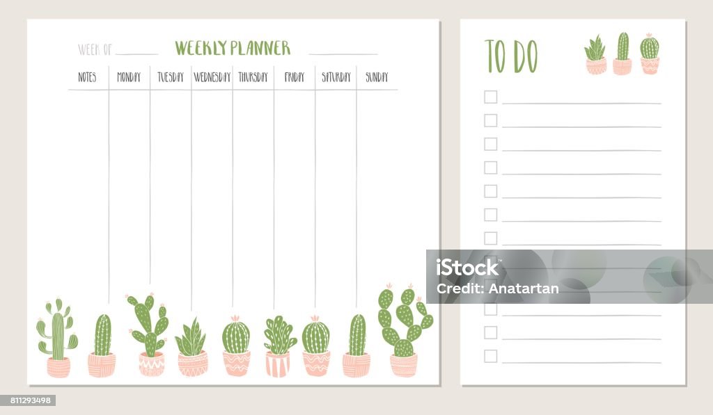 Planificador semanal y hacer la lista con la ilustración de cactus. Vector. - arte vectorial de Lista de tareas libre de derechos