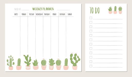 Weekly planner and to do list with cactus illustration. Vector.