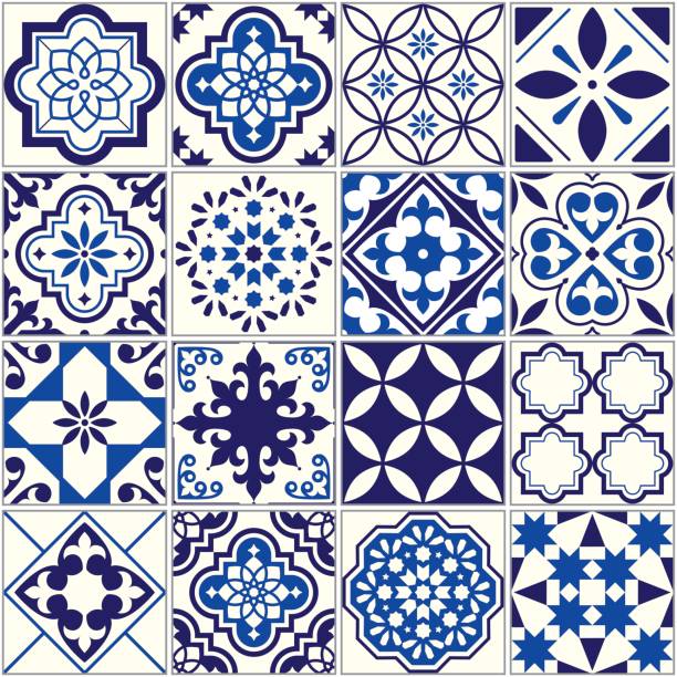 vektor-fliesenmuster, lissabon floralen mosaik, mediterrane nahtlose marineblau ornament - spanische kultur stock-grafiken, -clipart, -cartoons und -symbole