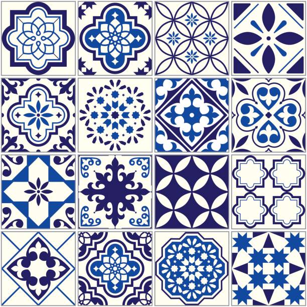 타일 패턴, 리스본 꽃 모자이크, 지중해 원활한 감색 장식 벡터 - ceramics stock illustrations