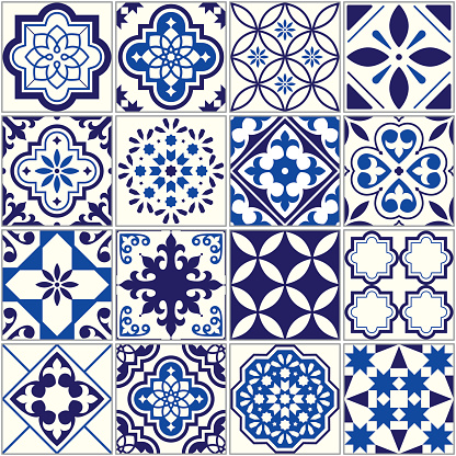 Ornamental tile background, background inspired by Spanish and Portuguese traditional tiles with flowers and geometric shapes