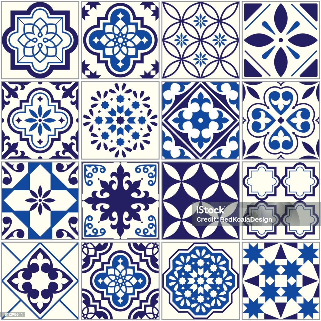 Vector tile pattern, Lisbon floral mosaic, Mediterranean seamless navy blue ornament Ornamental tile background, background inspired by Spanish and Portuguese traditional tiles with flowers and geometric shapes Tiled Floor stock vector