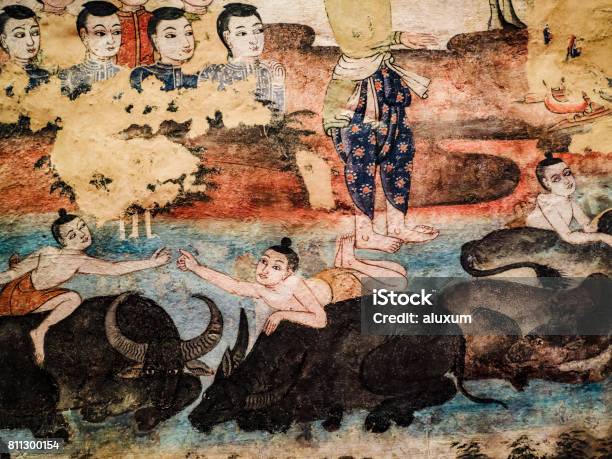 Ancient Mural Paintings At Wat Phra Singh Temple Chiang Mai Thailand Stock Photo - Download Image Now