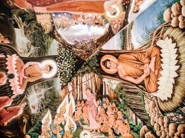 Ancient ceiling mural paintings at Wat Buppharam Chiang Mai Thailand