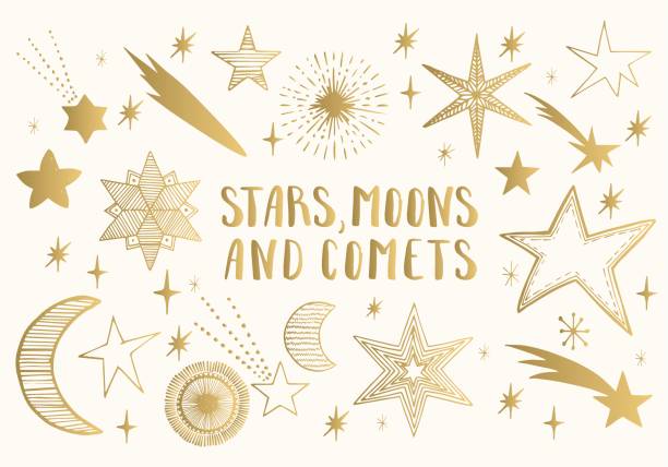 Golden stars, moons, comets. Hand drawn vector. Golden stars, moons, comets. Hand drawn vector. meteor illustrations stock illustrations