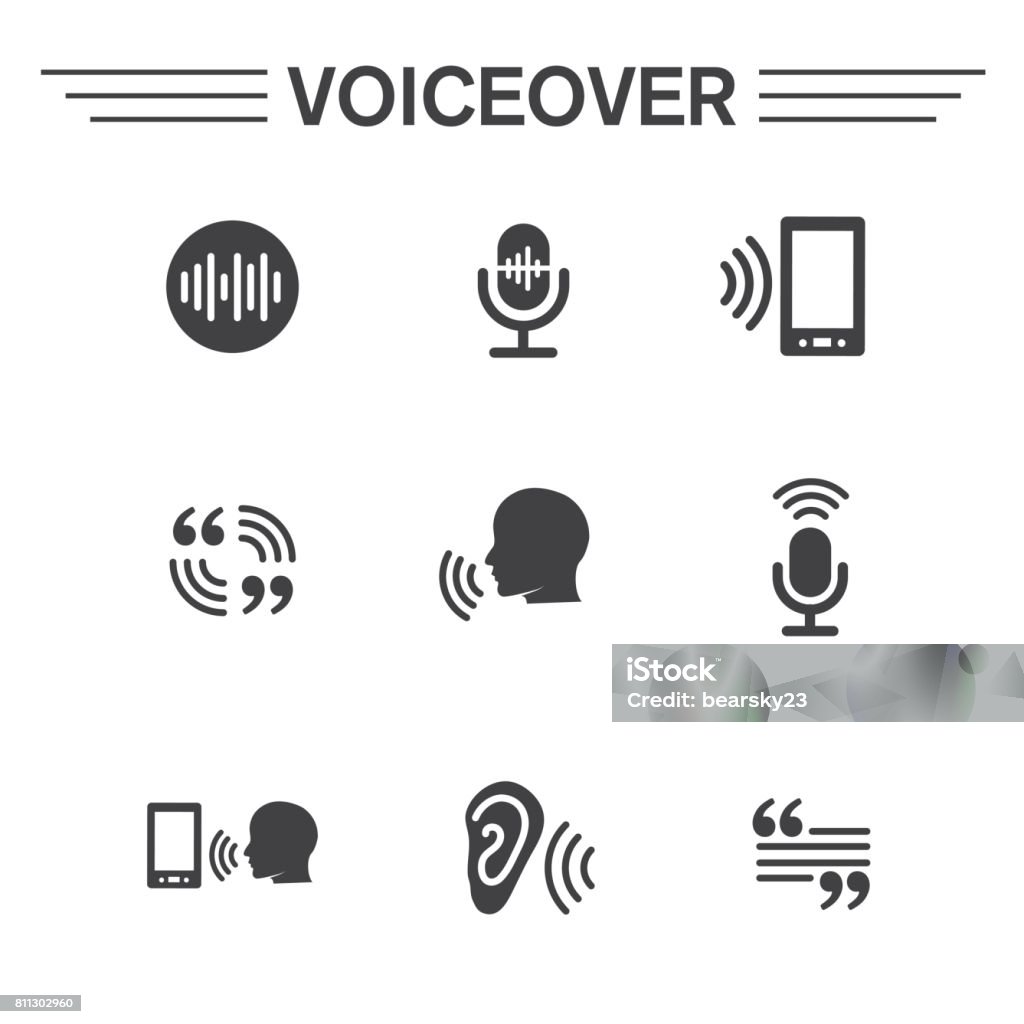 Voiceover or Voice Command Icon with Sound Wave Images Voiceover or Voice Command Icon with Sound Wave Images Set - solid Speech Recognition stock vector