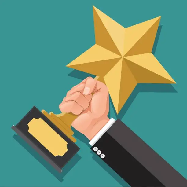 Vector illustration of Businessman hand holding star award. Winner trophy award. First place. Gold star award. Flat vector illustration.He was awarded the rank 1.Winner concept.