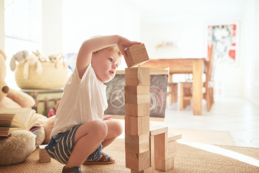 Shot of an adorable little boy playing with wooden blocks at home