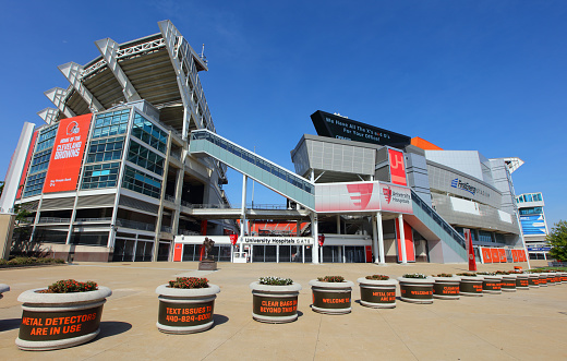 Cleveland, Ohio, USA - June 17, 2017: Daytime view of the front entrance to FirstEnergy Stadium, home of the Cleveland Browns, a multipurpose facility located on the shore of Lake Erie