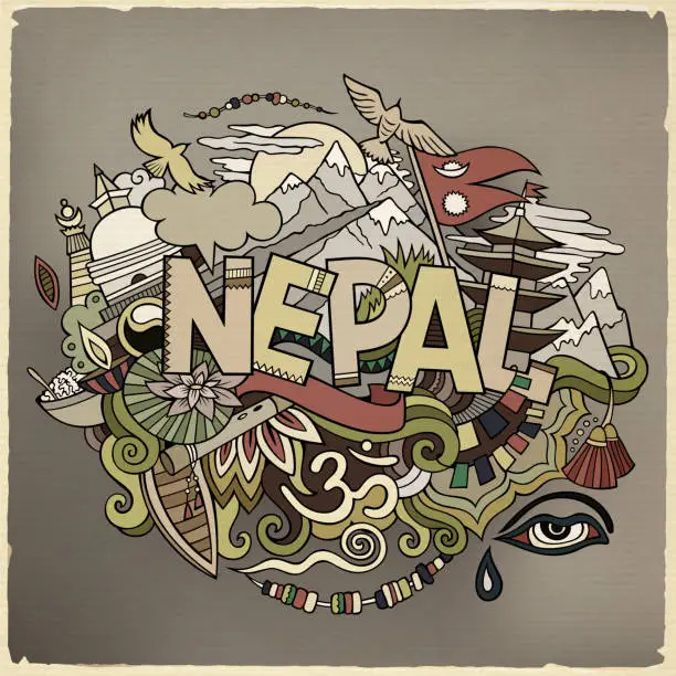 Vector illustration of Nepal country hand lettering and doodles elements