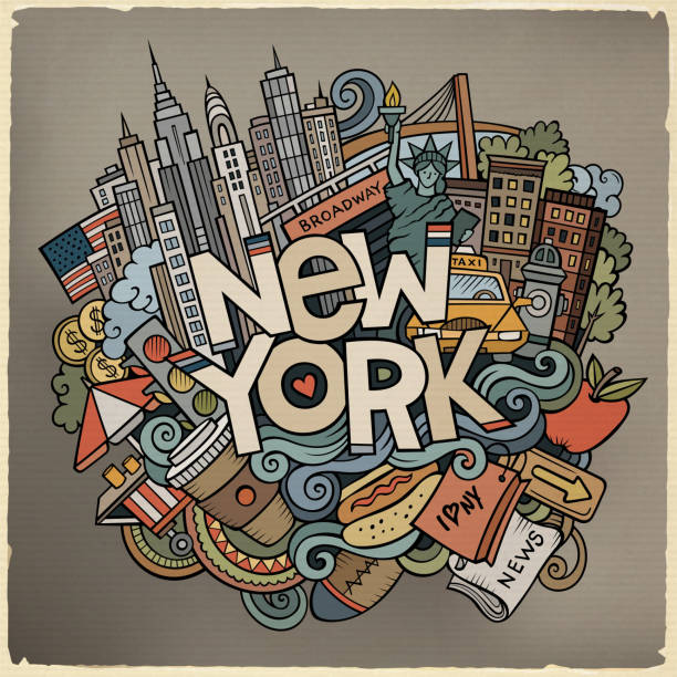 illustrazioni stock, clip art, cartoni animati e icone di tendenza di cartone animato carino doodles disegnato a mano iscrizione di new york - brooklyn bridge taxi new york city brooklyn