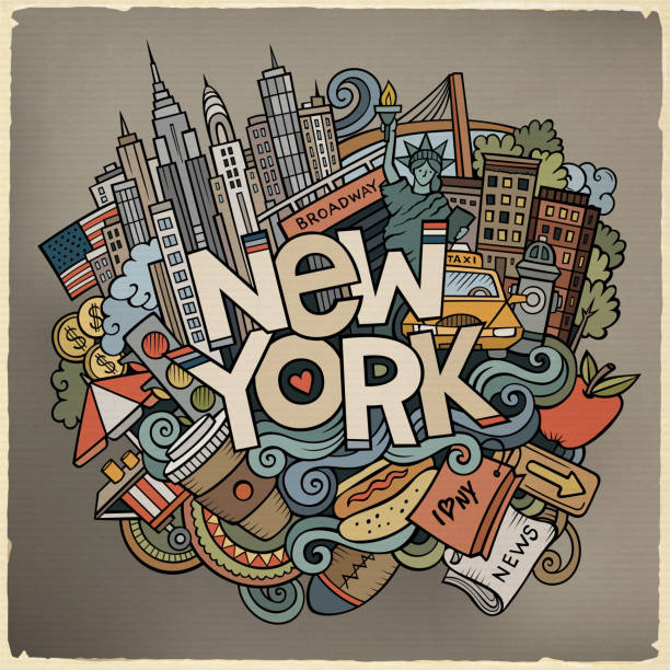 Cartoon cute doodles hand drawn New York inscription Cartoon cute doodles hand drawn New York inscription. Colorful illustration with american theme items. Line art detailed, with lots of objects background. Funny vector artwork new york skyline drawing stock illustrations
