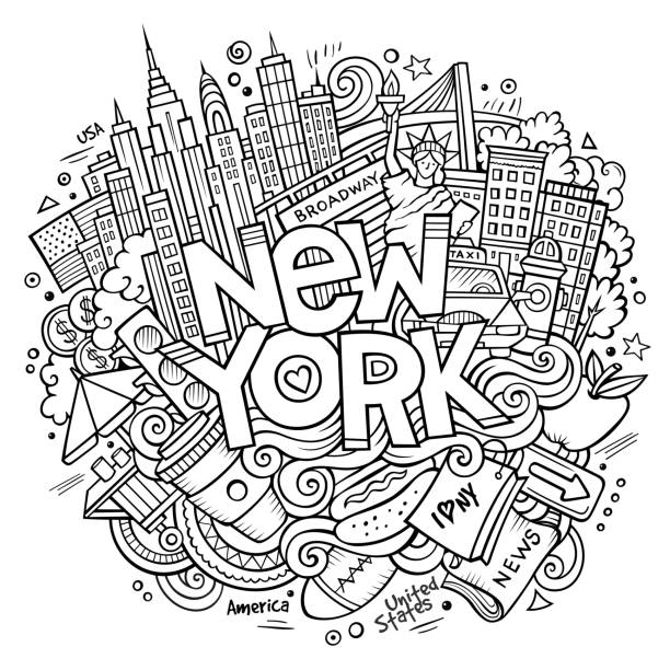 Cartoon cute doodles hand drawn New York inscription Cartoon cute doodles hand drawn New York inscription. Sketch illustration with american theme items. Line art detailed, with lots of objects background. Funny vector artwork new york skyline drawing stock illustrations