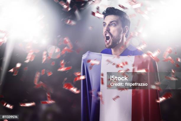 Fan Sport Player Holding The Flag Of France Celebrating Stock Photo - Download Image Now