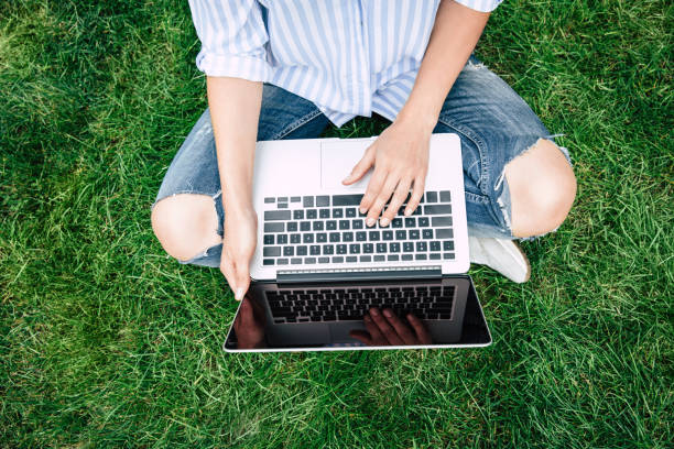istock Cropped shot of young woman using laptop with blank screen while sitting on grass 811353198