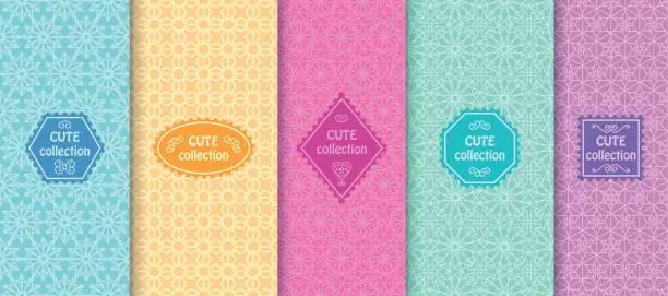 Vector illustration of Set of cute bright seamless patterns with frames. Abstract geometric background