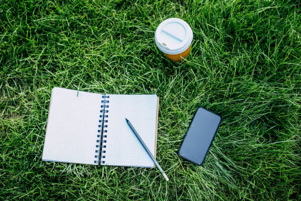 Close-up view of notebook with pencil, smartphone with blank screen and disposable coffee cup on green lawn