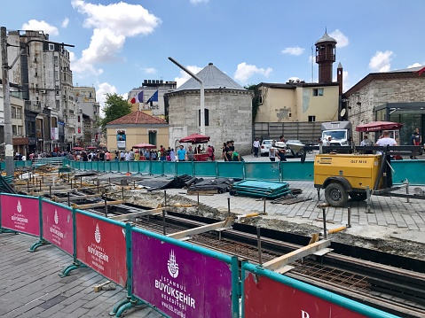 İstanbul,Turkey-July 07,2017:İstiklal street in İstanbul.Infrastructure, superstructure and landscaping works are continuing in Istiklal Street. After completing the infrastructure works, natural granite stone resistant to impact on the street will be laid.