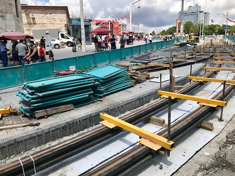 İstanbul,Turkey-July 07,2017:İstiklal street in İstanbul.Infrastructure, superstructure and landscaping works are continuing in Istiklal Street. After completing the infrastructure works, natural granite stone resistant to impact on the street will be laid.
