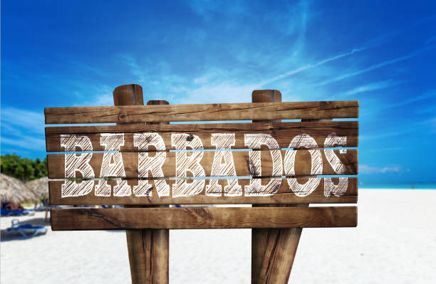 istock Barbados wooden sign on the beach 811360552