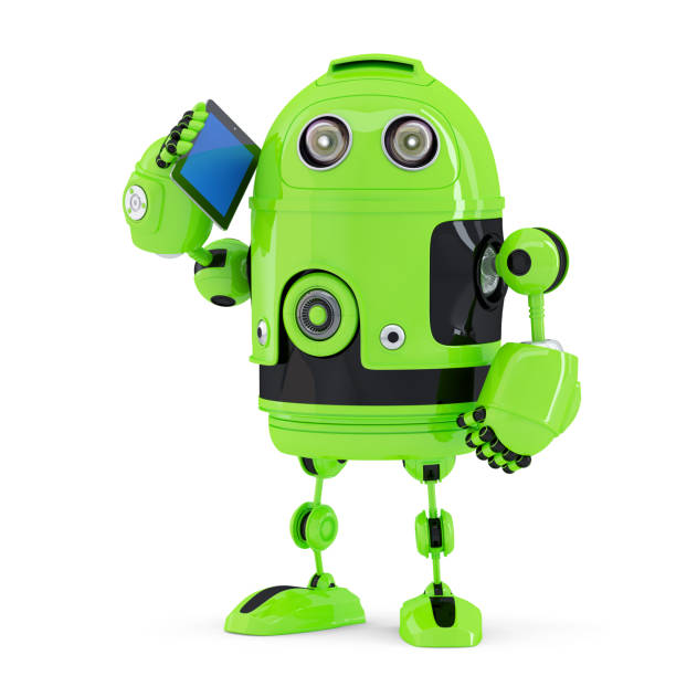 Robot with mobile phone. Isolated on white. Contains clipping path