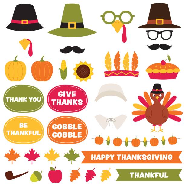 illustrations, cliparts, dessins animés et icônes de décoration de fête thanksgiving vector et ensemble d’accessoires photo booth - thanksgiving cheerful happiness gratitude