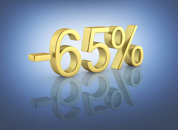 istock Gold text 65 percent off on dark blue background with reflection 3D render 811395682