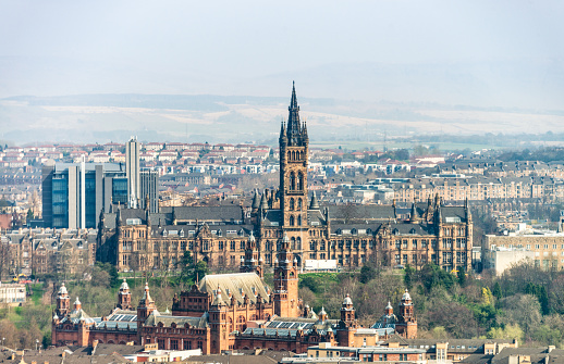 A high angle view over some of Glasgow's landmarks in the West End of the city.
