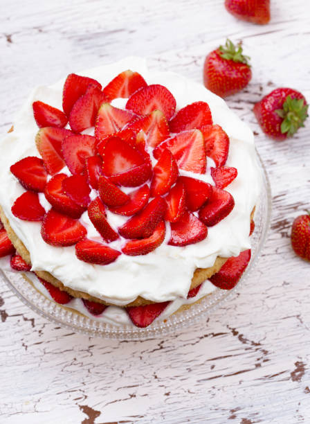 istock Strawberry and cream sponge cake on glass stand 811408124