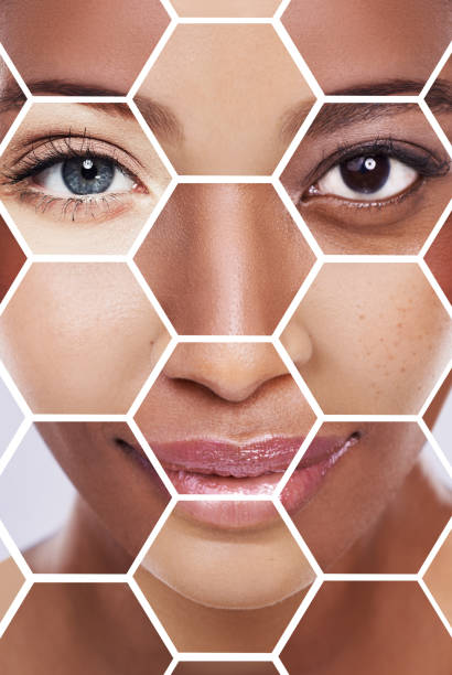 Down to the building blocks of skincare Shot of a beautiful young woman in the studio with her face displayed as a mosaic diverse models stock pictures, royalty-free photos & images
