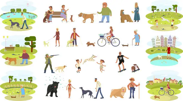 Vector illustration of People walking with dogs