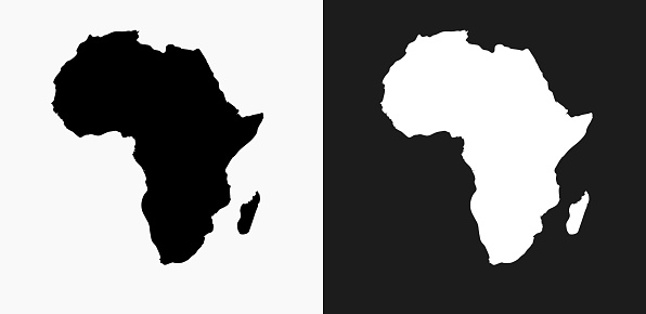 Africa Continent Icon on Black and White Vector Backgrounds. This vector illustration includes two variations of the icon one in black on a light background on the left and another version in white on a dark background positioned on the right. The vector icon is simple yet elegant and can be used in a variety of ways including website or mobile application icon. This royalty free image is 100% vector based and all design elements can be scaled to any size.