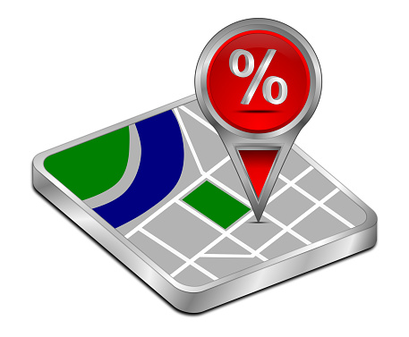 red map pointer with discount symbol - 3D illustration