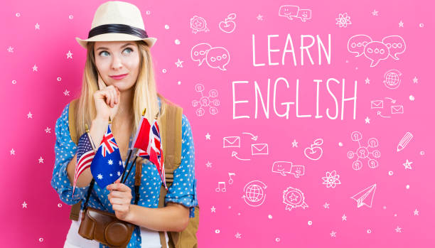 istock Learn English text with young woman with flags 811470514