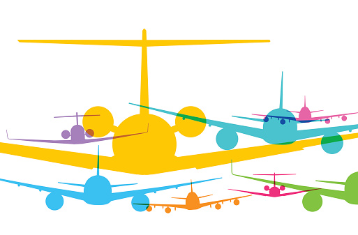 Colourful overlapping silhouettes of jet airplanes.