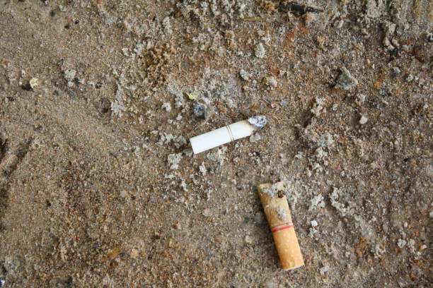 istock Cigarette butts in the sand on the beach 811470848