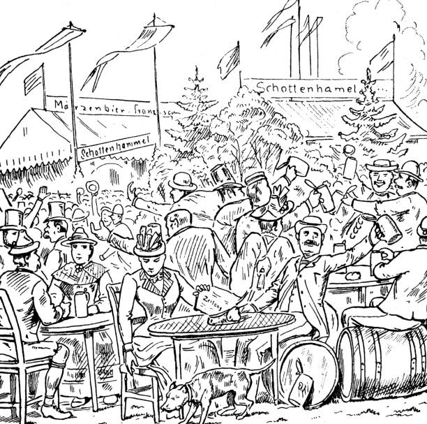 Thanksgiving fair and  beergarden, many people sitting at tables Illustration from 19th century beer garden stock illustrations