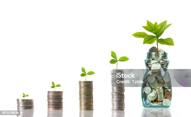 Stacks Of Mix Coins With Bottle On White Background Business Investment Growth Concept Stock Photo - Download Image Now